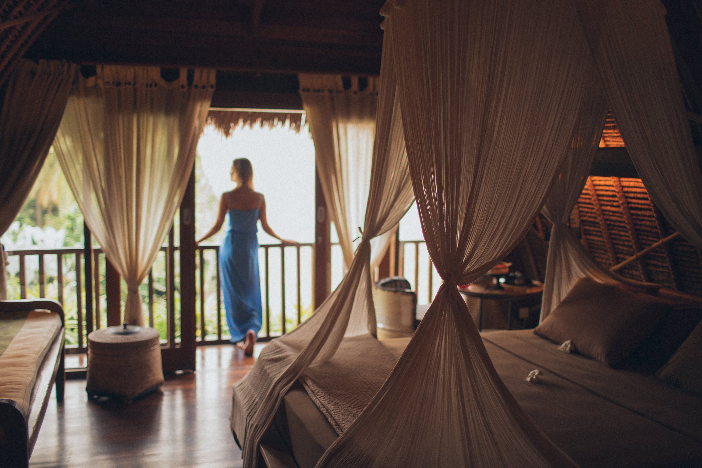 Woman standing inside hotel in Bali 